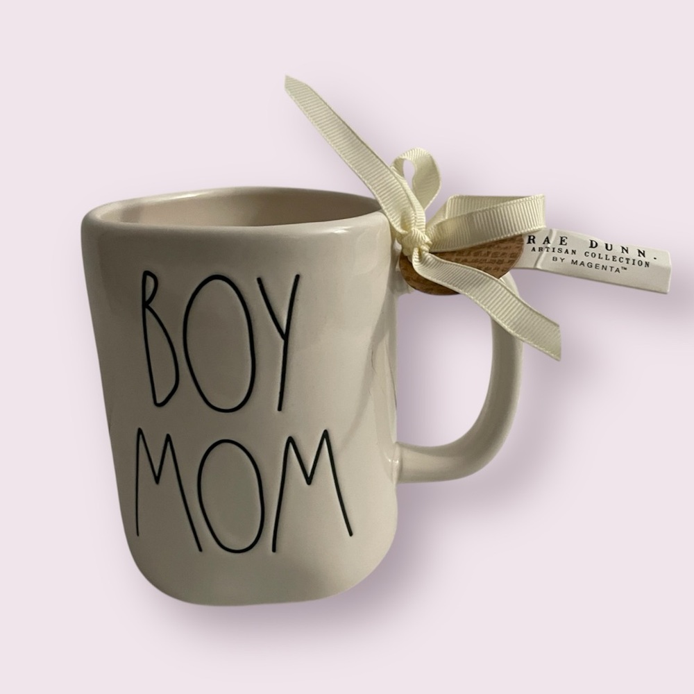 NWT Rae Dunn BOY MOM Ceramic Mug White with Inlaid Black Lettering